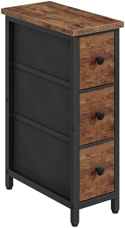 CHOEZON Narrow Side Table with 3 Fabric Drawers, Industrial Slim Bedside Table for Small Spaces, Bedroom, Living Room, Dormitory, Rustic Brown and Black TBZ09BF by Choezon