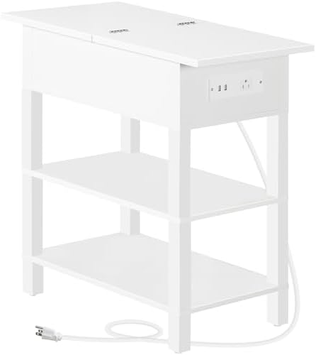 HOOBRO End Table with Charging Station, Flip Top Side Table with USB Ports, Narrow Nightstand Bedside Tables with Storage Shelves, for Small Space, Living Room, White WT141UBZ01 by HOOBRO