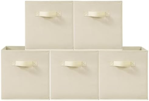 11 Inch Fabric Storage Cubes, Sturdy Foldable Storage Bins, Heavy Duty Cube Organizer for Clothes, Blankets, Shelves, Closets, Bedroom, Living Room, Beige, 5 Pack by Unknown