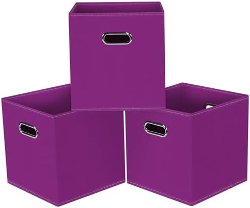 Black Foldable Storage Cubes Bins, Fabric Storage Box Cubes Organizer Baskets with Dual Handles for Home Organizer,Set of 3,(Purple) by HEAYEEG