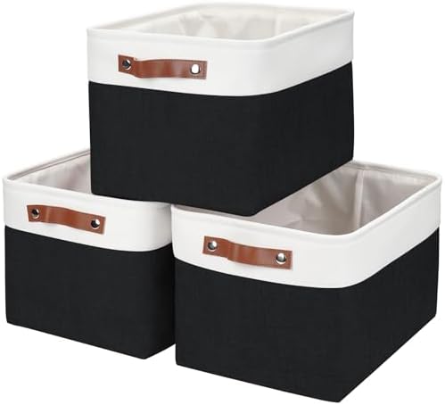 Bagnizer Storage Bins Large Fabric Storage Baskets for Shelves 3 Pack, Decorative Linen Closet Baskets with Handles for Organizing, Shelf, Clothes, Home, Office, 15x11x9.5Inches (Black&White) by Bagnizer