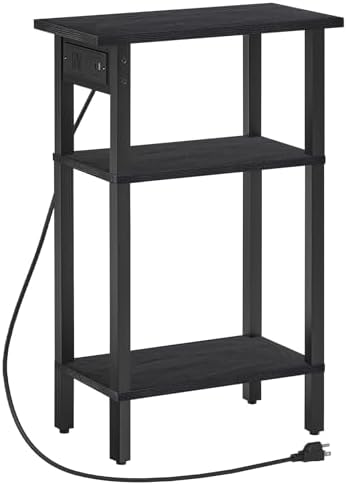 HOOBRO Narrow Side Table, 3-Tier Slim End Table with Charging Station, Skinny Nightstand with Open Storage, for Small Spaces, Living Room, Bedroom, Study, Rustic Brown and Black BB340UBZ01 by HOOBRO
