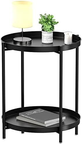 EKNITEY 2 Tier End Table - Metal Side Table with Removable Tray (Black) by EKNITEY