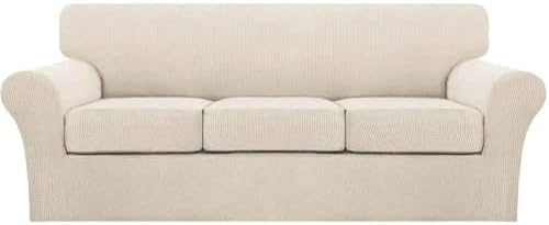 Turquoize 4 Piece Sofa Covers for 3 Cushion Couch Sofa Slipcover Soft Couch Cover for Dogs Washable Furniture Cover with 3 Individual Large Cushion Covers Feature Fabric (Large Sofa, Biscotti Beige) by Turquoize