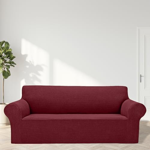 Cupuamon 2026 New Stretch Oversized Sofa Slipcovers Couch Sofa Cover for 4 Seater Furniture Protector Covers with Elastic Bottom Jacquard Fabric Small Checks for Pets, Kids - Dark Red - Image 3