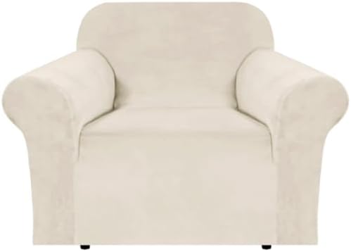 H.VERSAILTEX Stretch Velvet Armchair Cover Couch Covers 1 Cushion Chair Slipcover for Living Room Furniture Cover Crafted from Thick Comfy Rich Velour (Chair 31"-49", Ivory) by HVERSAILTEX
