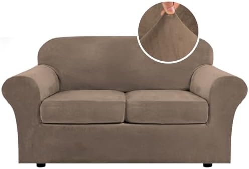 H.VERSAILTEX Real Velvet Plush 3 Piece Stretch Sofa Covers Couch Covers for 2 Cushion Couch Loveseat Covers Width Up to 72 Inch Feature Thick Soft Stay in Place (Medium Sofa, Mocha) by HVERSAILTEX