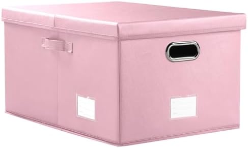 PRANDOM Collapsible Storage Box with Lid [1-Pack] Leather Fabric Foldable Storage Bin Organizer Container Basket Cube with Cover for Home Bedroom Closet Office Nursery Pink (22.8X15.7X11.8) by Prandom