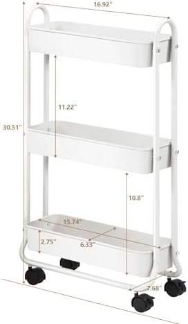 SunnyPoint Slim Rolling Storage Cart, 3 Tier Bathroom Storage Organizer Bathroom, Laundry Utility Cart (White) - Image 6
