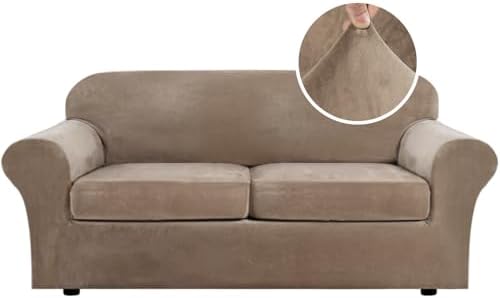 H.VERSAILTEX Real Velvet Plush 3 Piece Stretch Sofa Covers Couch Covers for 2 Cushion Couch Sofa Slipcovers Width Up to 90 Inch Feature Thick Soft Stay in Place (Large Sofa, Camel) by HVERSAILTEX