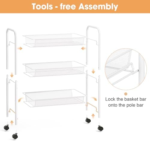 TOOLF 3 Tier Rolling Cart, Metal Utility Storage Cart with Wheels, White | 3 Hooks, Screwless Assembly, Trolley Organizer for Bathroom, Kitchen, Office, Nursery, Dorm, Laundry Room - Image 5