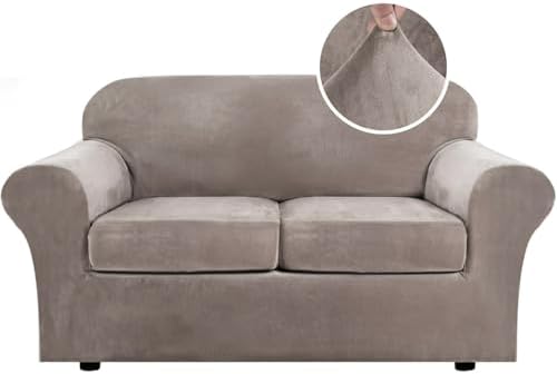 H.VERSAILTEX Real Velvet Plush 3 Piece Stretch Sofa Covers Couch Covers for 2 Cushion Couch Loveseat Covers Width Up to 72 Inch Feature Thick Soft Stay in Place (Medium Sofa, Taupe) by HVERSAILTEX