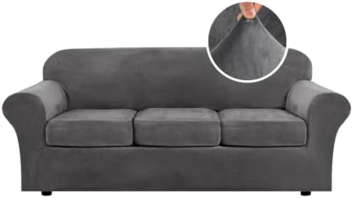 H.VERSAILTEX 4 Pieces Thick Velvet Sofa Covers Couch Covers for 3 Cushion Couch Sofa High Stretch Slipcovers Furniture Protector Form Fit Luxury Couch Cover for Dogs Width Up to 90 Inch(Sofa,Grey) by HVERSAILTEX