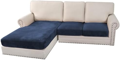 H.VERSAILTEX Velvet Stretch Sectional Couch Covers 3 Pieces Sofa Seat Cushion Covers L Shape Separate Cushion Couch Chaise Cover for Both Left/Right Couch (Large Sofa 2 Seater + 1 Chaise, Navy) by HVERSAILTEX