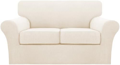 Turquoize 3 Piece Sofa Covers for 2 Cushion Couch Sofa Slipcover Soft Couch Cover for Dogs-Washable Sofa Furniture Cover with 2 Individual Cushion Covers, Thick Jacquard Fabric (Loveseat, Cream) by Turquoize