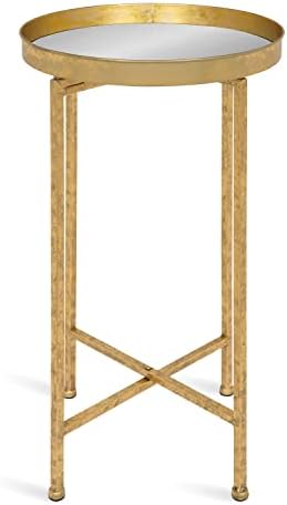 Kate and Laurel Celia Round Metal Foldable Accent Table with Mirror Tray Top, Gold - Image 4