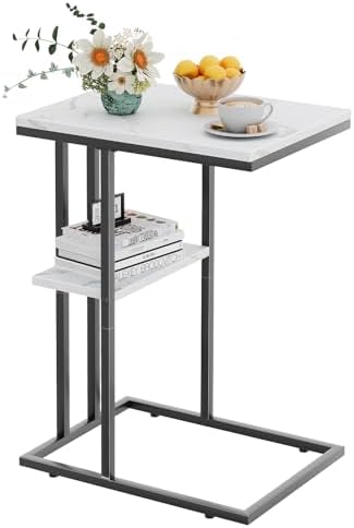 C Shaped End Side Table, Couch Sofa Table for Small Space, Black Snack Table with Metal Frame, TV Tray Table for Bed, Living Room, Bedroom, Bedside(White Marble) by Katrawu
