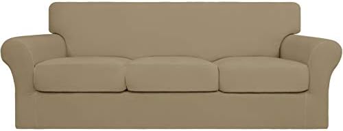 Easy-Going 4 Pieces Stretch Soft Couch Cover for Dogs - Washable Sofa Slipcover for 3 Separate Cushion Couch - Elastic Furniture Protector for Pets, Kids(Sofa, Tan, Large) by Easy-Going
