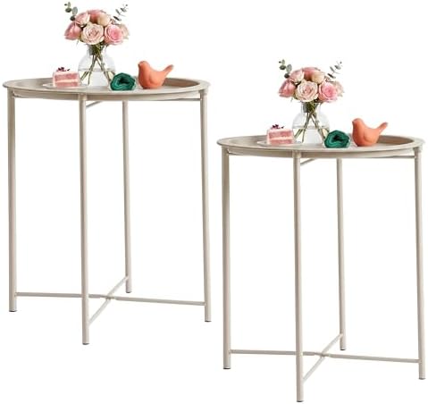 VECELO Side/End Table, Folding Round Metal Anti-Rust and Waterproof Outdoor or Indoor Tray for Living Room Bedroom Balcony and Office, 2 PCS, Grey by VECELO