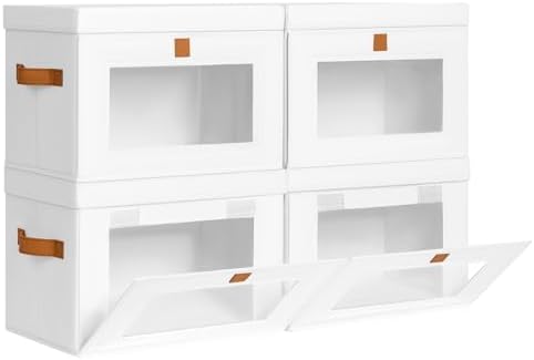 DIMJ Storage Bins with Lids - 4 Pack Front Opening Stackable Fabric Storage Boxes with Clear Window & Handles, Collapsible Closet Organizers for Clothes, Sweaters, Shelf Storage, Bedroom, White by DiMJ