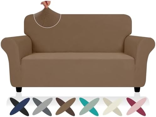 ZNSAYOTX Super Stretch Loveseat Covers (57"-70"), New Striped Love Seat Slipcover, Dogs Pet Friendly Anti-Slip Couch Protector Spandex Durable 2 Seater Fabric Sofa Cover (Light Coffee, Loveseat) by ZNSAYOTX