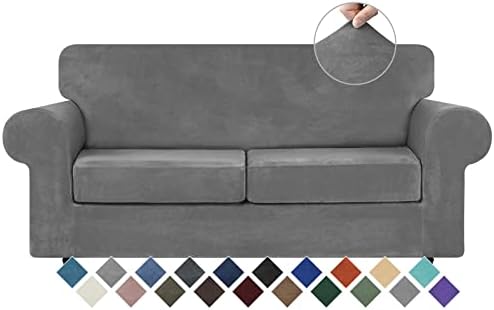 WEERRW Velvet Stretch 3 Pieces Couch Cover for Sofa Washable, Light Grey by WEERRW