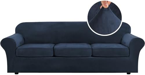 H.VERSAILTEX Velvet 4 Piece High Stretch Sofa Slipcover Sofa Cover Furniture Protector Form Fit Luxury Thick Velvet Extra Large Sofa Cover for 3 Cushion Couch Width Up to 105 Inch (XL Sofa, Navy) by HVERSAILTEX