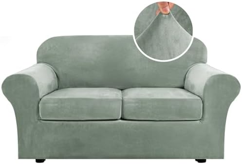 H.VERSAILTEX Real Velvet Plush 3 Piece Stretch Sofa Covers Couch Covers for 2 Cushion Couch Loveseat Covers Width Up to 72 Inch Thick Stay in Place (Medium Sofa, Sea Grass) by HVERSAILTEX