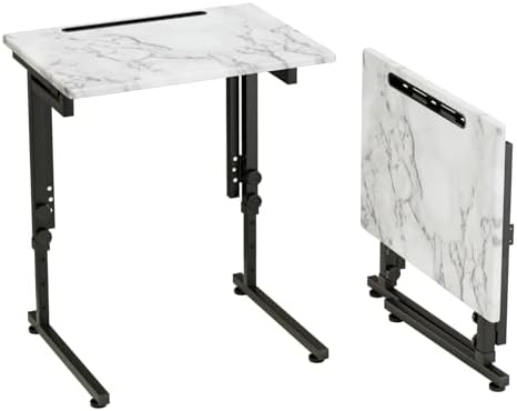 TV Tray, Folding TV Dinner Table, Adjustable Small C-Shaped End Tray for Eating, Foldable Slide Under Couch Side Table for Recliner, Living Room, Bedroom,No Assembly Required(White Marble) by Fleecy+day