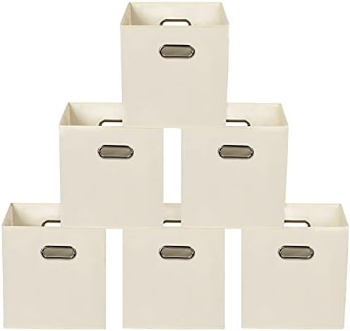 Yunkeeeper storage bins Cubes, Fabric Cube Organizer with Handle, Foldable Cube Bins for Cloth or Accessary Storage, 11x11x11, Set of 6, (Creamy White) by Yunkeeper