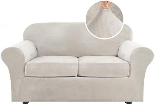 H.VERSAILTEX Real Velvet Plush 3 Piece Stretch Sofa Covers Couch Covers for 2 Cushion Couch Loveseat Covers Width Up to 72 Inch Thick Stay in Place (Medium Sofa, Oatmeal) by HVERSAILTEX