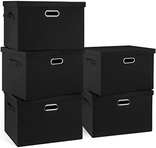 Graciadeco Large 17" 36 Quart Collapsible Stackable Storage Bins with Lids, 5 Packs Black Linen Fabric Closet Boxes with Lids, Storage Cube Baskets Container Organizers for Bedroom Office(17 x12 x11) by GraciadecoStorage