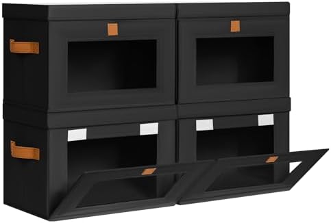 DIMJ Storage Bins with Lids - 4 Pack Front Opening Stackable Fabric Storage Boxes with Clear Window & Handles, Collapsible Closet Organizers for Clothes, Sweaters, Shelf Storage, Bedroom, Black by DiMJ