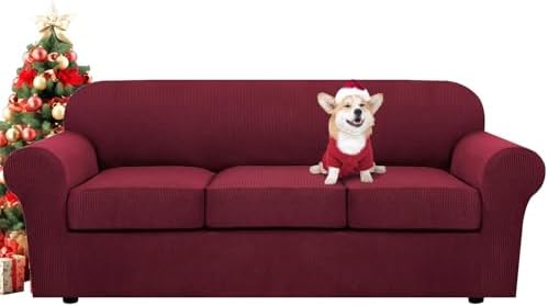 H.VERSAILTEX 4 Piece Stretch Sofa Covers for 3 Cushion Couch Covers for Living Room Furniture Slipcovers (Base Cover Plus 3 Seat Cushion Covers) Upgraded Thicker Jacquard Fabric (Sofa, Burgundy) by HVERSAILTEX