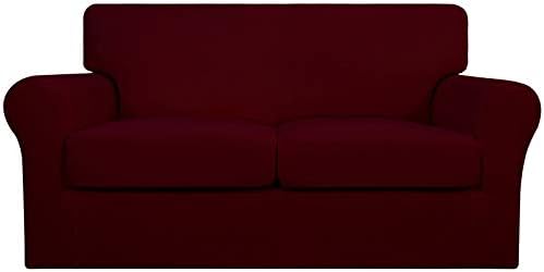 Easy-Going 3 Pieces Stretch Soft Couch Cover for Dogs - Washable Sofa Slipcover for 2 Separate Cushion Couch - Elastic Furniture Protector for Pets, Kids (Loveseat, Wine, Medium) by Easy-Going