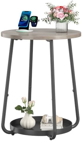 sthmec Small Round Side End Table with Storage, 2 Tier Round Bedside Sofa Couch Coffee Tables with Tray, Metal Nightstand for Small Spaces, Living Room Bedroom, Grey by Unknown