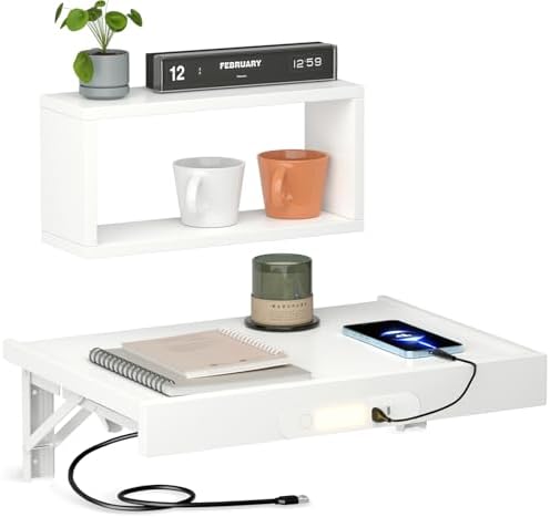 TEAMIX Floating Nightstand with Charging Station, Wall Mounted Folding Bedside Shelf Combo Wood Nightstand with Led Light USB Type C Ports, Bed Side Storage Tray Caddy for Bedroom, Living Room, Dorm by TEAMIX
