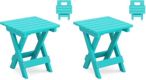LUE BONA Small Outdoor Folding Side Table, HDPS Outside End Table for Patio, Porch, Deck, Pool, 14 Inch Height, Aruba Blue (Pack of 2) by LUEBONA
