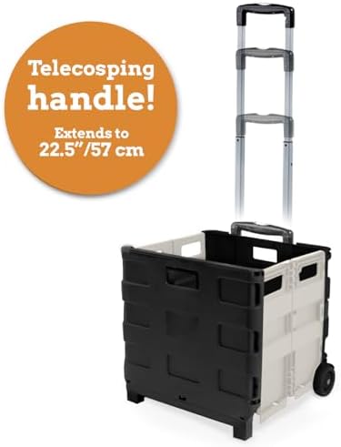 Inspired Living Ultra-Slim Rolling Collapsible Storage Pack-N-Roll Utility-carts, with Telescopic Handle, for Home, Garden, Shopping, Office, School use, Medium, White & Black - Image 7