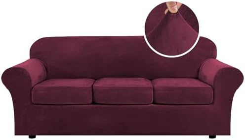 H.VERSAILTEX High Stretch Sofa Slipcover 4 Piece Cover Velvet Furniture Protector Form Fit Thick Velvet Extra Large Sofa Cover for 3 Cushion Couch Width Up to 97 Inch (Large Sofa, Wine/Burgundy) by HVERSAILTEX