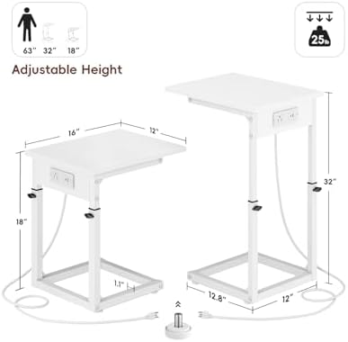 Vagusicc C Shaped End Table with Charging Station, C Table End Table Adjustable Height Sofa Table, Side Table for Couch, Couch Table that Slide Under, TV Tray Arm Table for Living Room,Bedroom, White - Image 3