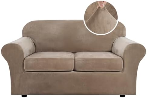 H.VERSAILTEX Real Velvet Plush 3 Piece Stretch Sofa Covers Couch Covers for 2 Cushion Couch Loveseat Covers Width Up to 72 Inch Feature Thick Soft Stay in Place (Medium Sofa, Camel) by HVERSAILTEX