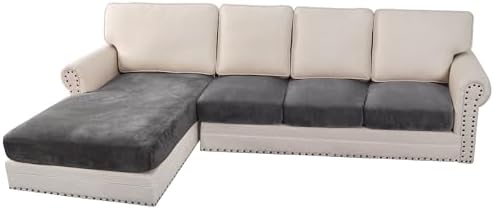 H.VERSAILTEX Velvet Stretch Sectional Sofa Covers - 4 Piece Seat Cushions for L Shape Sectional Couch (Large 3 Seater + 1 Chaise, Grey) by HVERSAILTEX