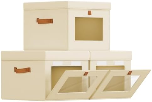 Homsorout Storage Bins with Lid – Closet Organizer with Side Opening and Clear Window, Foldable Stackable Fabric Basket for Clothes Storage, Bedroom, Nursery, Office, 3 Pack, Beige by Homsorout