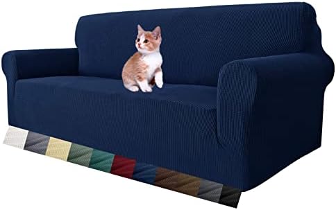 MAXIJIN Super Stretch Couch Cover for 3 Cushion Couch, 1-Piece Universal Sofa Covers Living Room Jacquard Spandex Furniture Protector Dogs Pet Friendly Fitted (Large, Navy Blue) by MAXIJIN