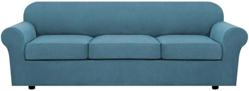 H.VERSAILTEX 4 Piece Stretch Sofa Covers for 3 Cushion Couch Covers for Living Room Furniture Slipcovers (Base Cover Plus 3 Seat Cushion Covers) Thicker Jacquard Fabric (Large Sofa, Storm Blue) by HVERSAILTEX