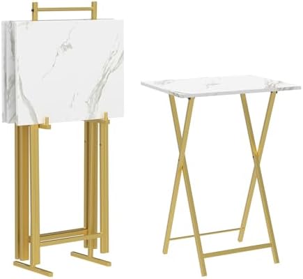 HOOBRO Folding TV Tray Tables, Set of 4 TV Trays with Storage Rack, Industrial Side Table for Eating at Couch, Foldable Snack Table for Small Space, Easy Assembly, Marble and Gold DM50BZ01 by HOOBRO