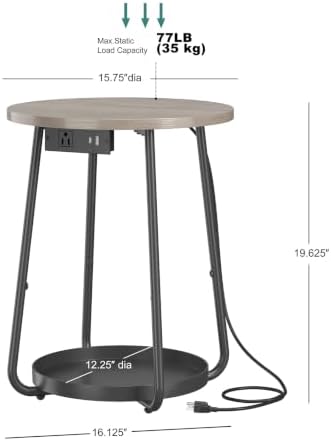 sthmec Small Round Side End Table with Storage and Charging Station, 2 Tier Round Bedside Sofa Couch Coffee Tables with Tray, Metal Nightstand for Small Spaces, Living Room Bedroom, Grey - Image 3