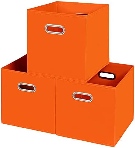 Fabric storage bins Cubes, Fabric Cube Organizer with Handle, Foldable Cube Bins for Cloth or Accessary Storage, 11x11x11, Set of 3, (Orange) by Yunkeeper