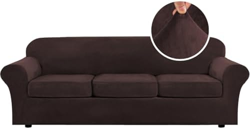 H.VERSAILTEX High Stretch Sofa Slipcover 4 Piece Cover Velvet Furniture Protector Form Fit Thick Velvet Extra Large Sofa Cover for 3 Cushion Couch Width Up to 97 Inch (Large Sofa, Brown) by HVERSAILTEX